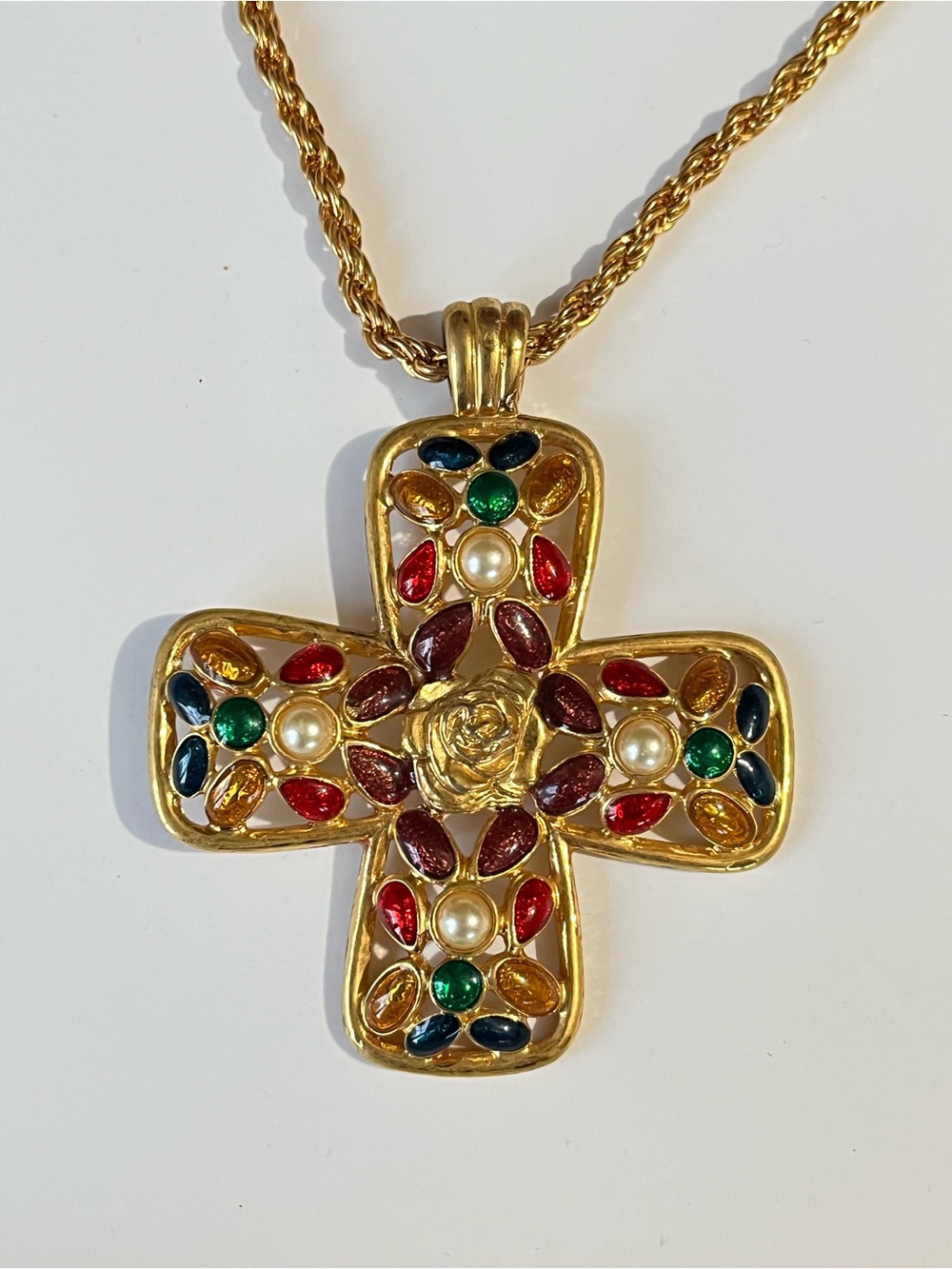 Vintage Gold Cross Pendant Necklace with Red, Green, Blue and Amber Stones